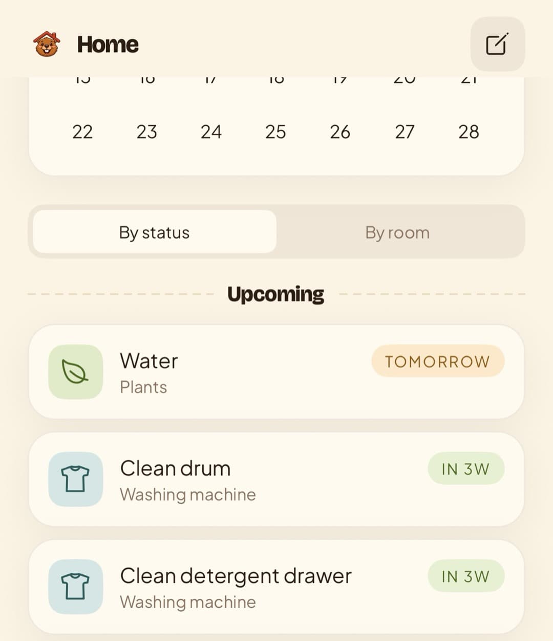 The House Bober home screen showing an upcoming maintenance schedule with tasks like watering plants tomorrow and cleaning the washing machine drum in three weeks.