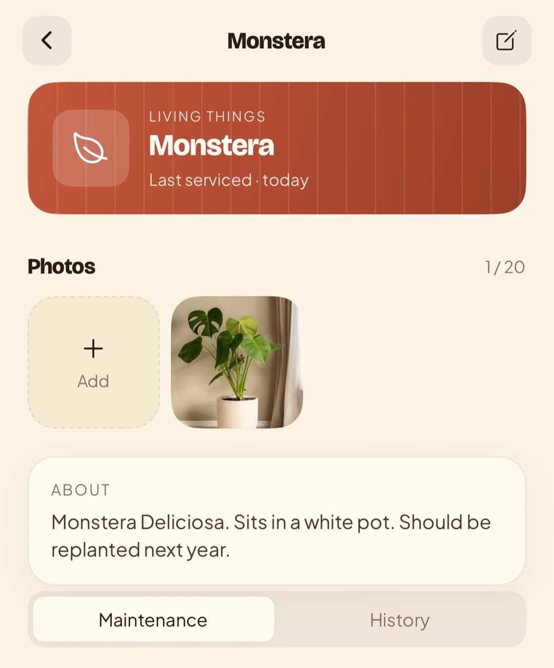 A maintenance item in House Bober showing a photo of a Monstera plant attached alongside notes about the pot and when to replant.